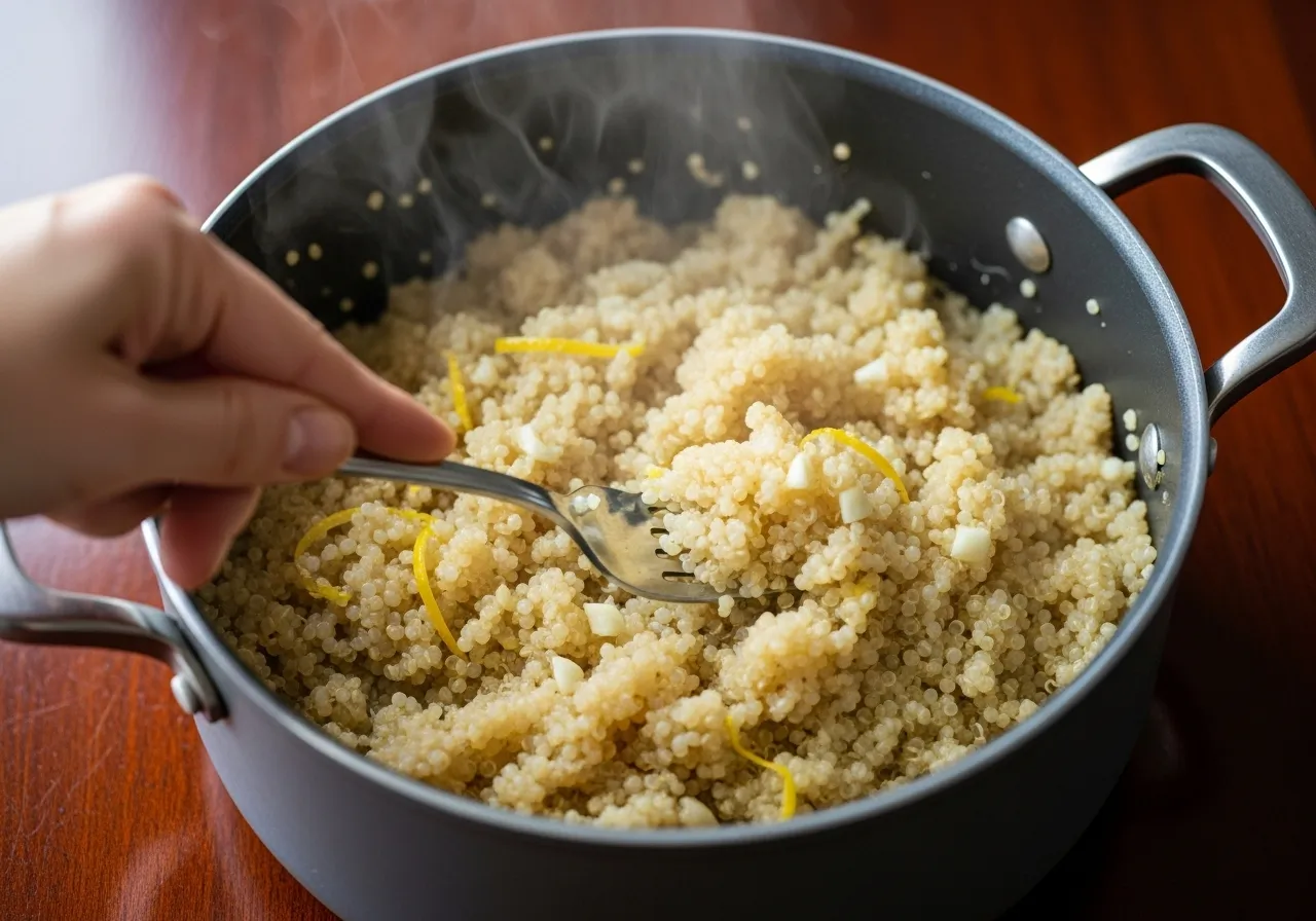 A close-up of a hand fluffing steamed quinoa with a fork in a pot.