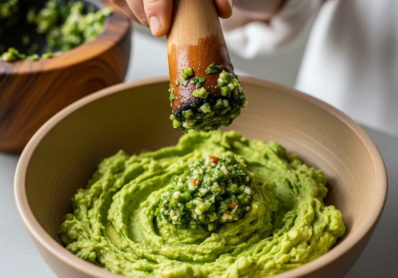 Adding the green flavor paste from the mortar to the mashed avocado.