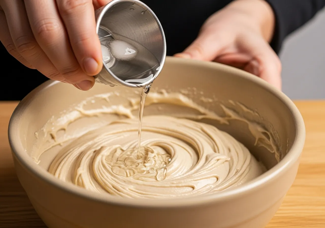 Hands drizzling ice water into the whipped tahini mixture in a bowl to make it light and fluffy.