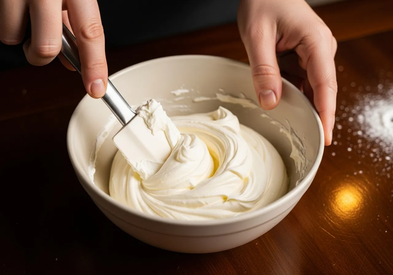 Folding the whipped cream into the mascarpone and zabaglione mixture.