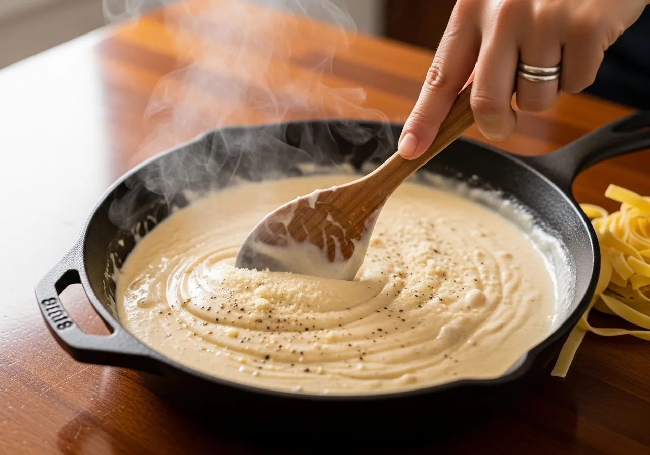 Stirring the Alfredo sauce with a wooden spoon until smooth and glossy.
