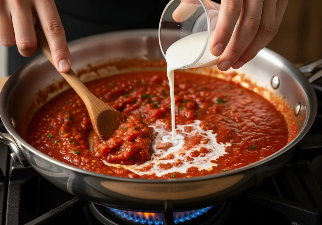 Stirring milk into marinara sauce in a skillet to make it creamy and smooth.