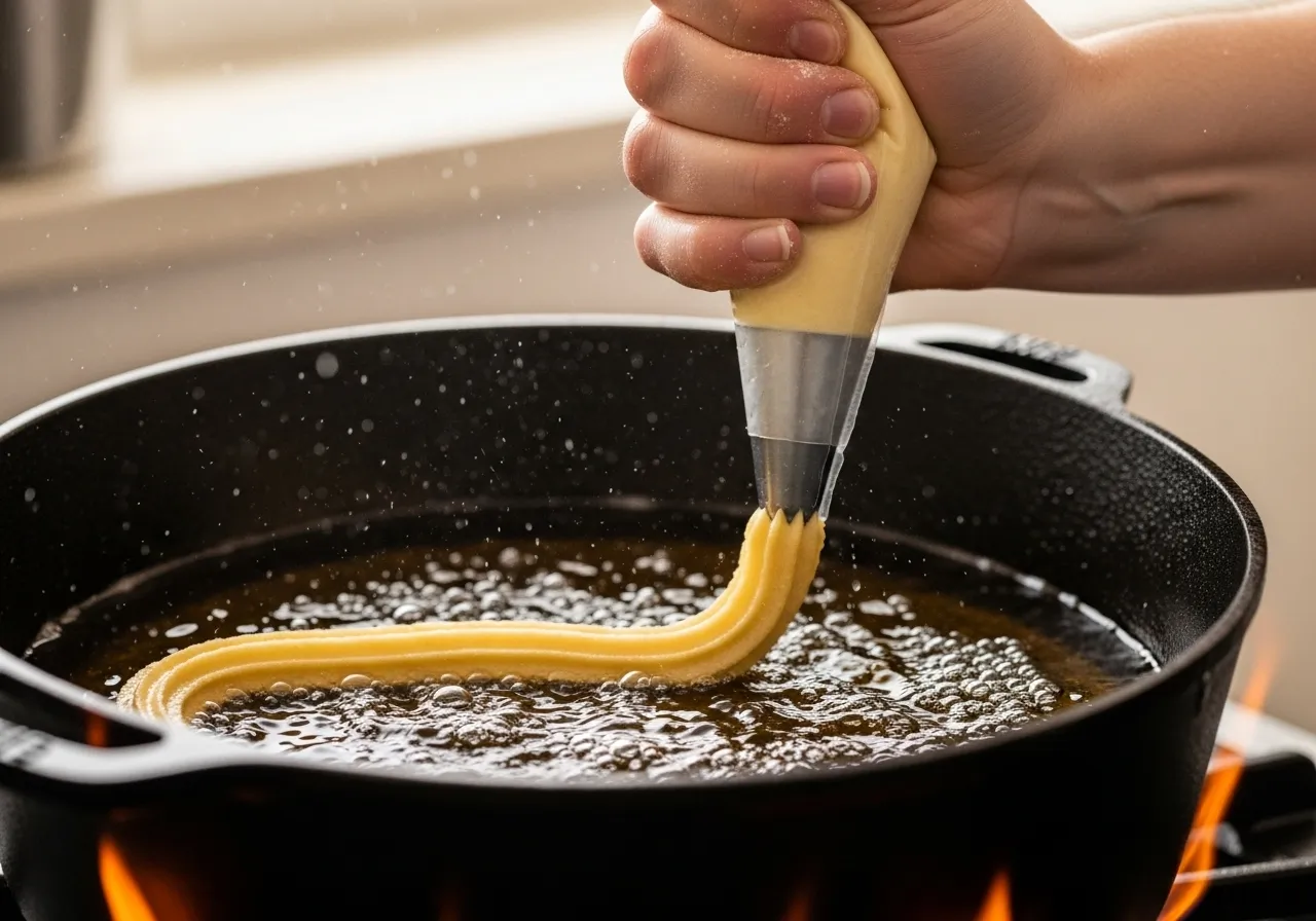 Piping churro dough directly into a pot of hot oil for frying.