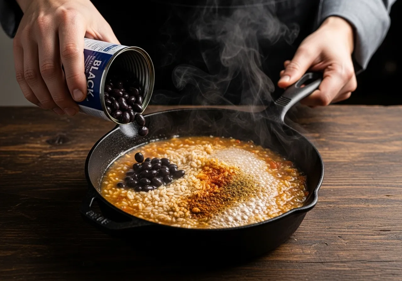 Adding black beans to a simmering skillet of rice and broth.