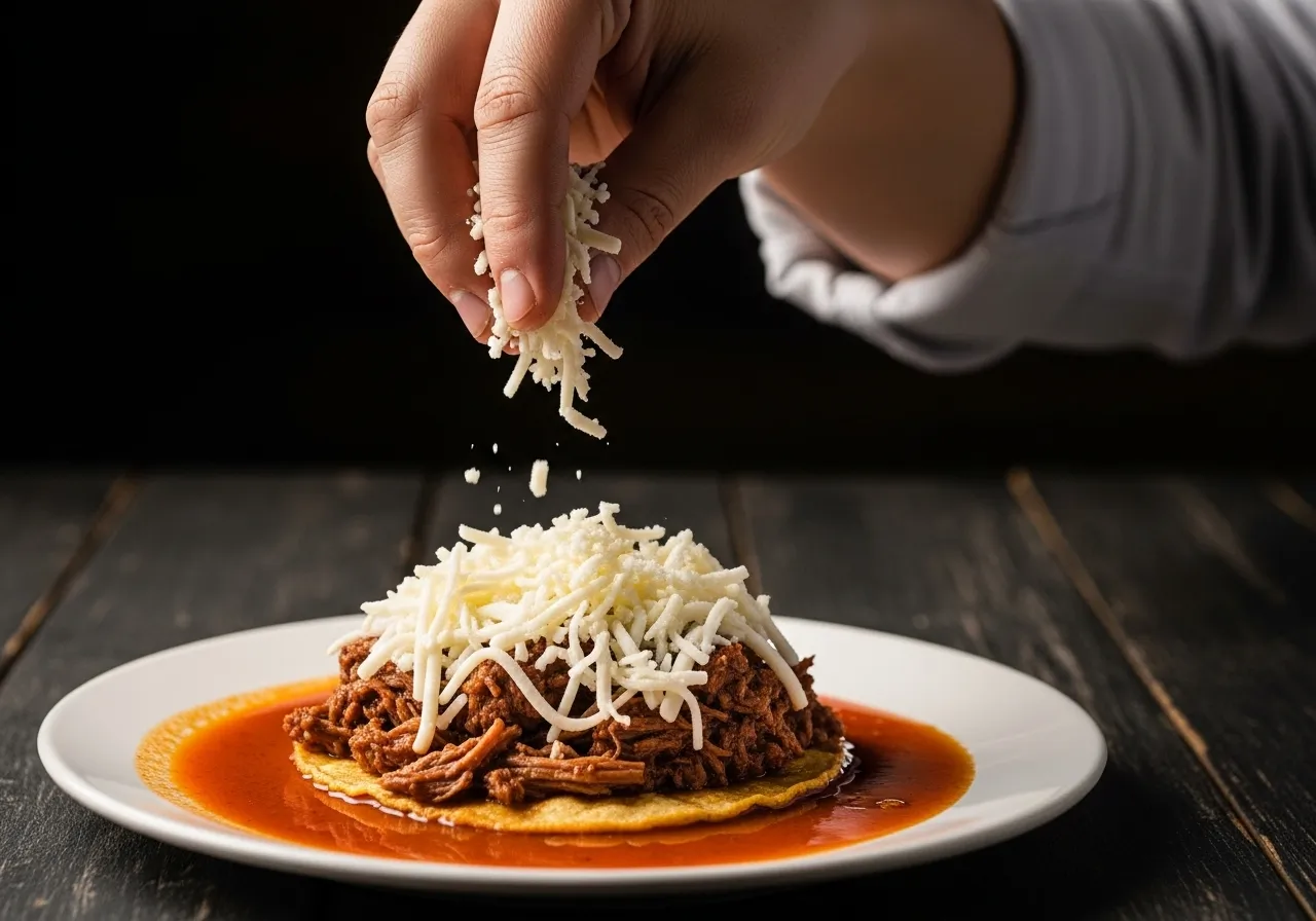 A hand adding shredded cheese to the shredded beef filling on a dipped tortilla.