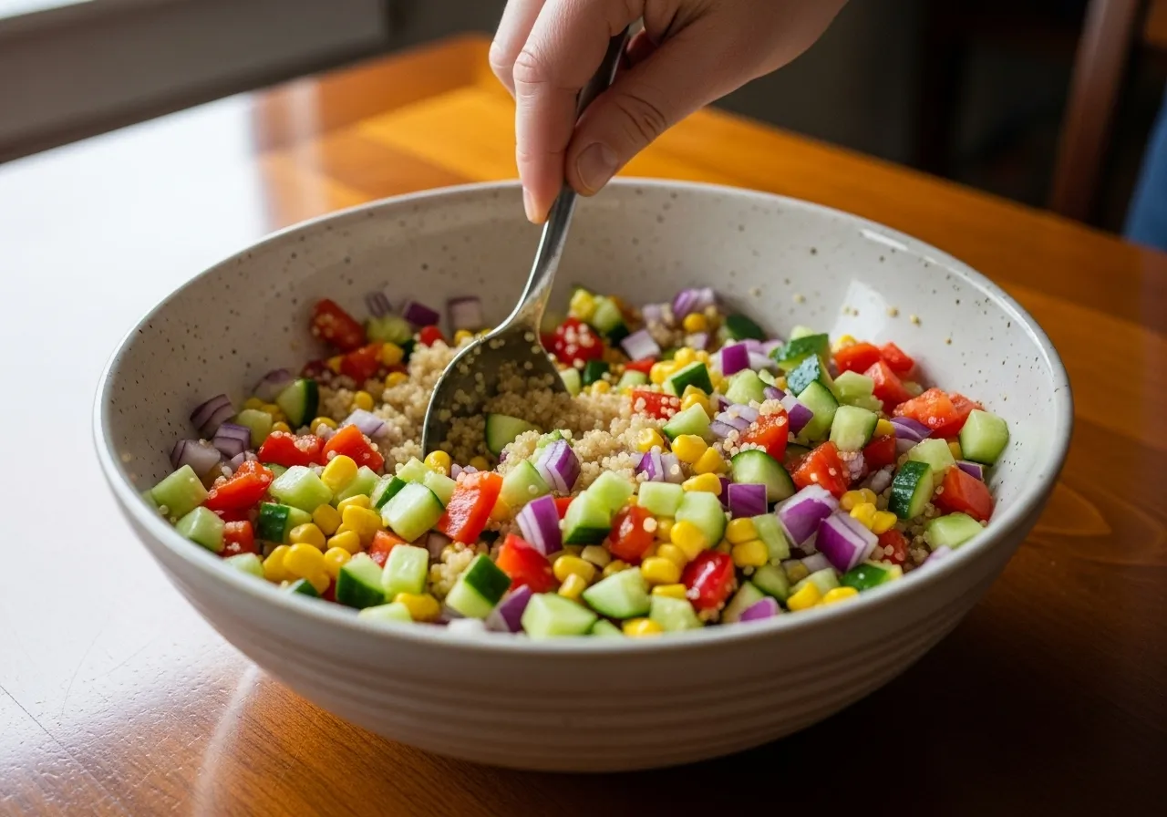 A hand mixing quinoa and fresh vegetables together in a large bowl.