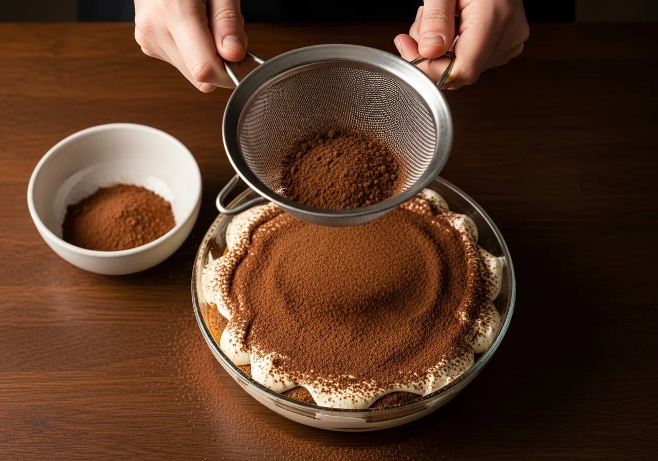 Dusting the top of the tiramisu with cocoa powder using a sieve.