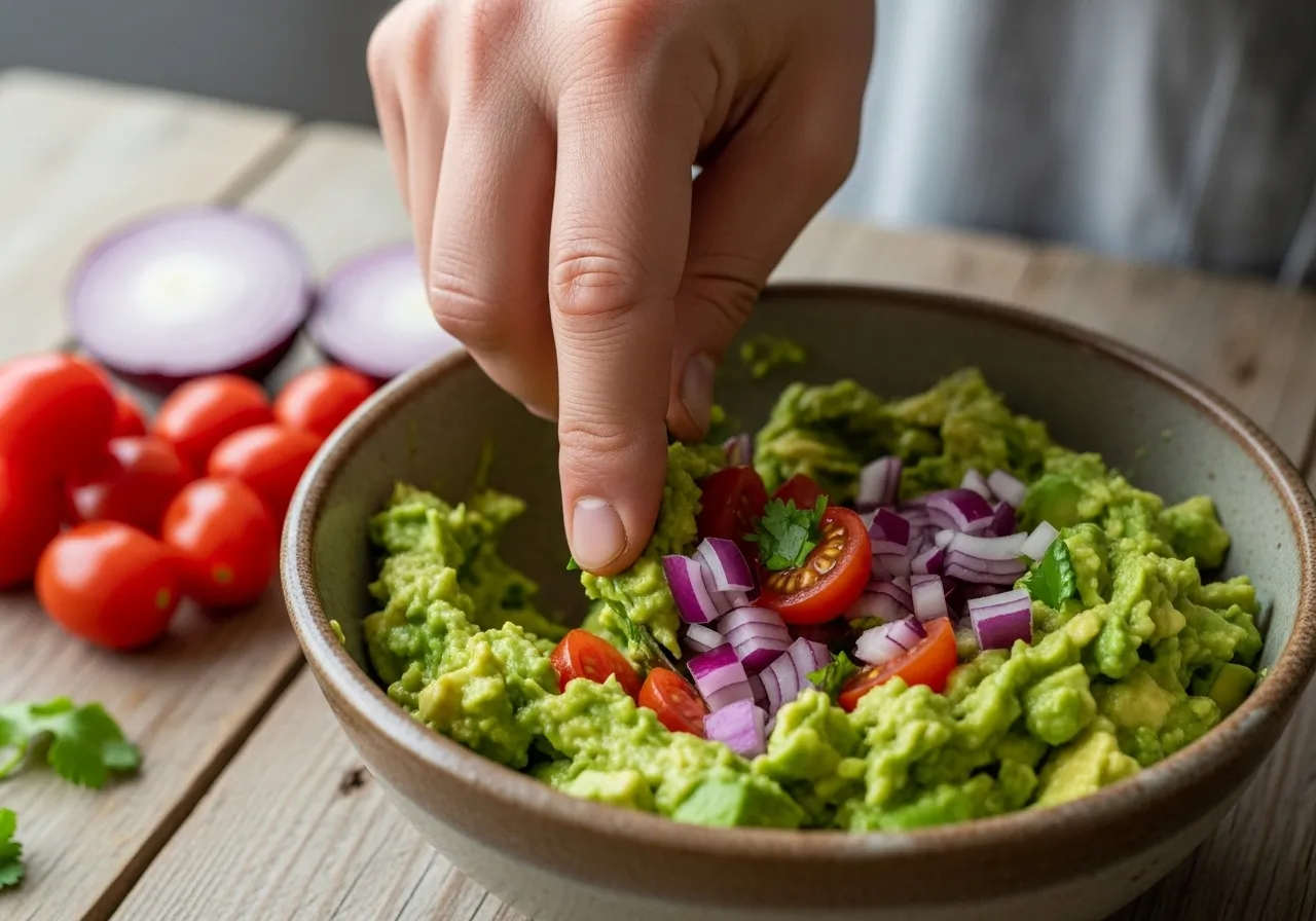 Gently folding red onions and tomatoes into the guacamole mixture.