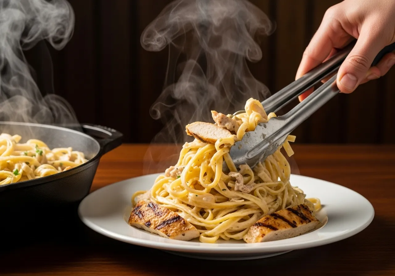 Serving the finished Chicken Alfredo pasta from the skillet onto a plate.