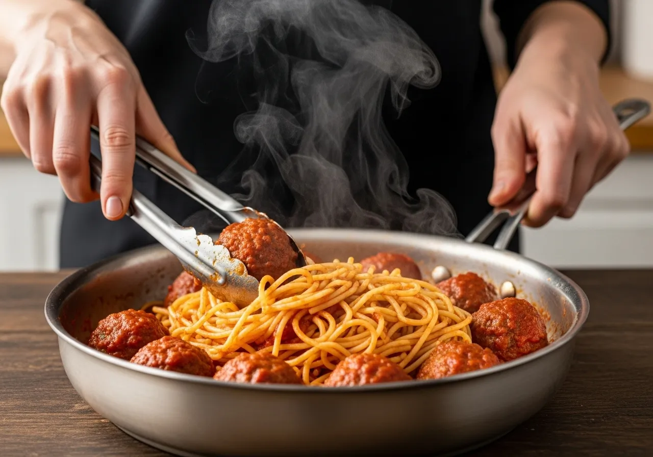 Tossing cooked spaghetti with the creamy sauce and meatballs in a skillet.