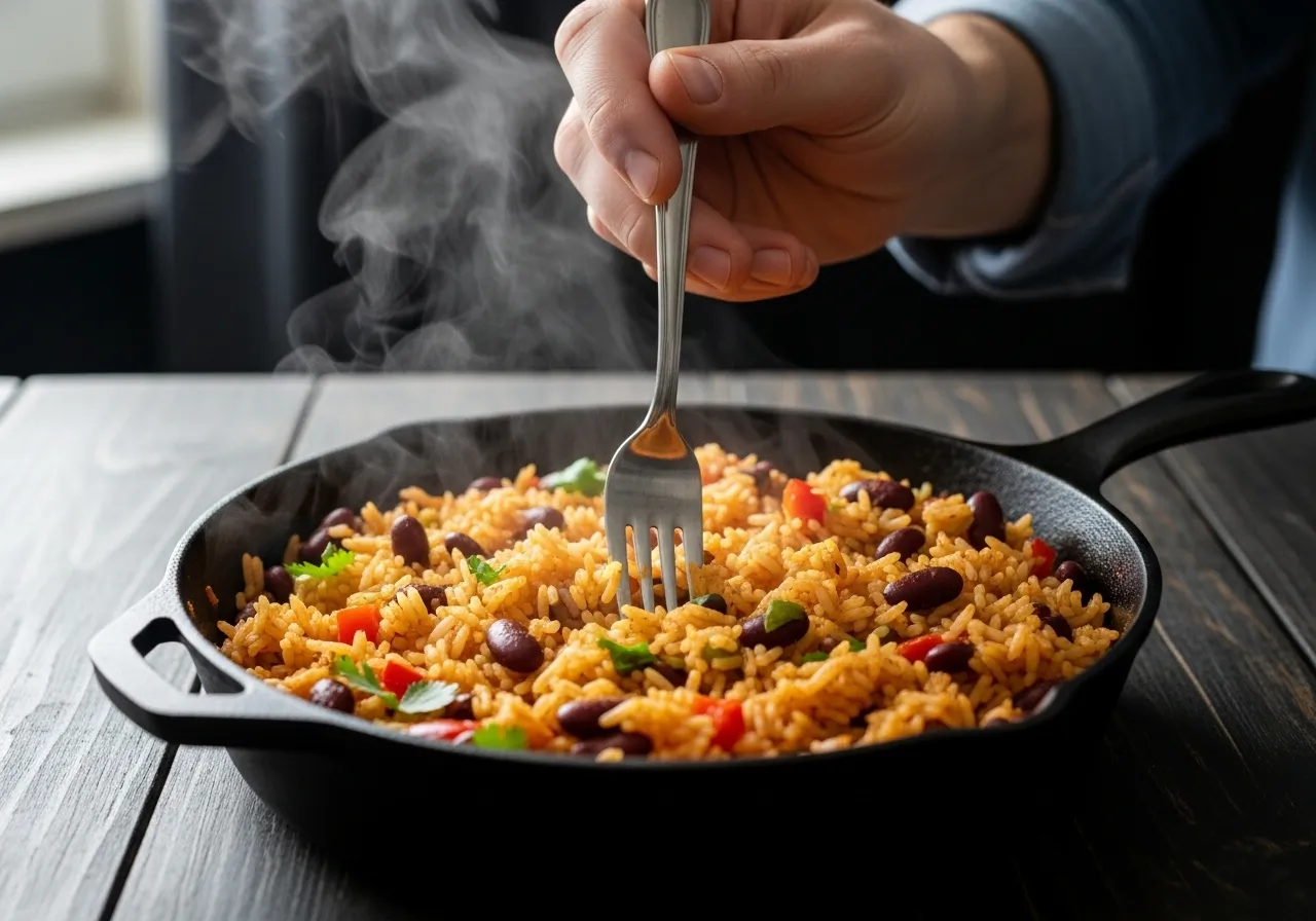Fluffing the finished Mexican rice and beans with a fork.