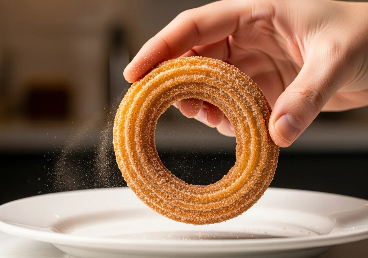 Coating a warm, fried churro in a cinnamon-sugar mixture.