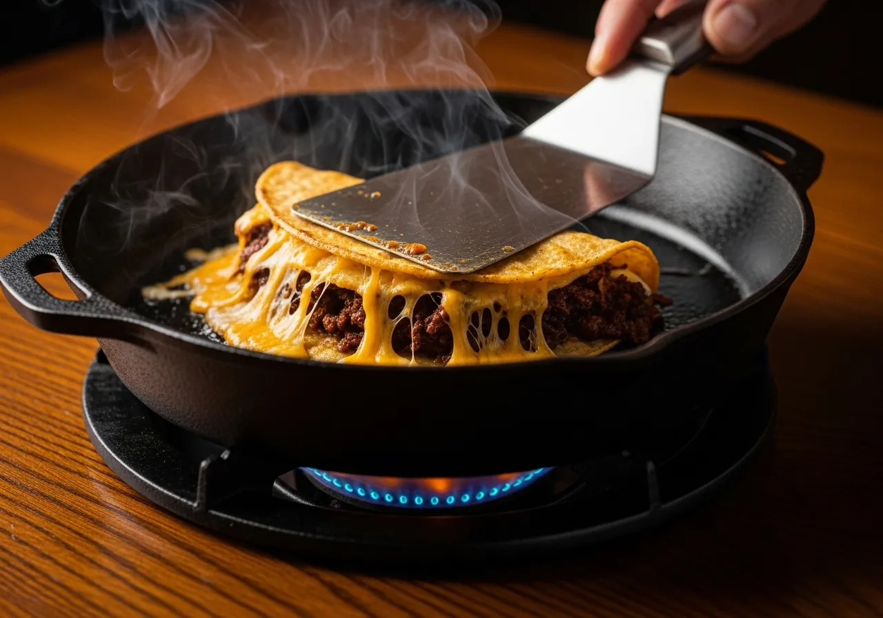 A hand pressing a birria taco with a spatula in a hot skillet until crispy.