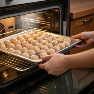A person's hands placing a baking sheet with raw meatballs into a preheated oven.