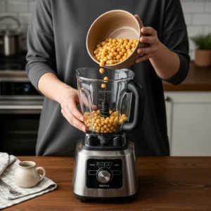 Hands adding warm chickpeas from a ceramic bowl into a blender for making hummus.