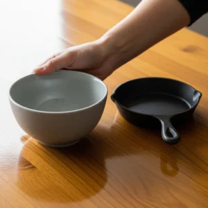 A human hand holding a light grey ceramic bowl next to a small skillet on a wooden table.