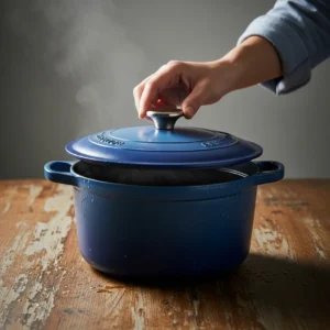 A hand placing a lid on a Dutch oven pot, with steam escaping, used for braising the birria meat.