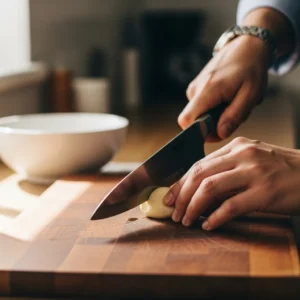 A chef's hand using a sharp knife to mince fresh garlic for Alfredo sauce.