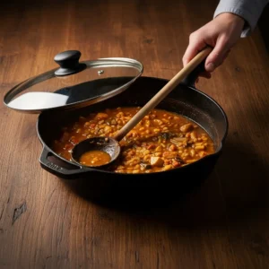 A large skillet with a lid on a dark wood table, a hand on the handle.