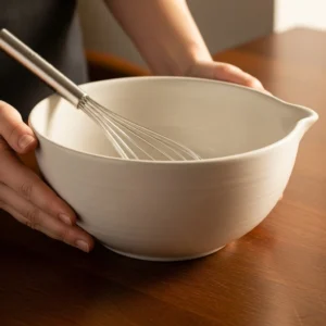 A ceramic mixing bowl and whisk ready for making tiramisu on a dark wood surface.