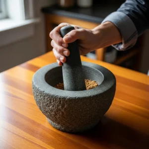 A person's hand holding a pestle inside a stone mortar, used for making guacamole paste.