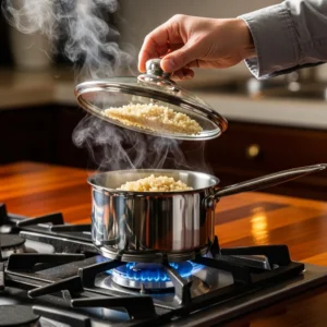 A hand lifting the lid off a pot of steaming cooked quinoa on a stove.