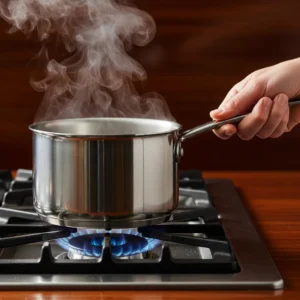 A hand holding a saucepan used for making the churro dough base.