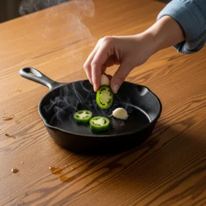 A hand placing jalapeño and garlic into a hot cast-iron skillet to char them.