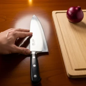 A hand placing a sharp chef's knife on a wooden cutting board next to a red onion.