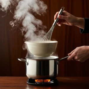 A ceramic bowl over a pot of simmering water for the double-boiler method.
