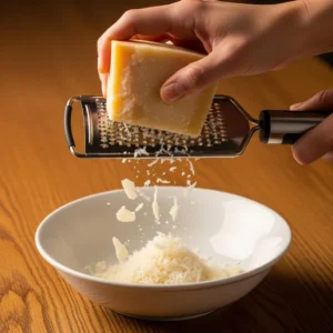 A hand grating a block of fresh parmesan cheese over a ceramic bowl.