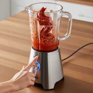 A hand operating a blender containing a smooth, red birria chili paste.