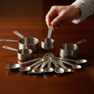 Measuring cups and spoons on a dark wood surface, held by a hand.