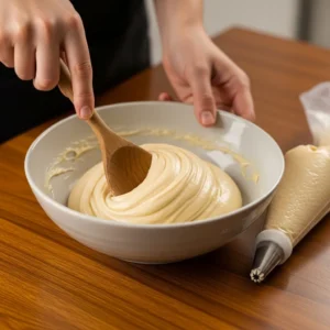 A hand holding a piping bag and a bowl of smooth churro dough.
