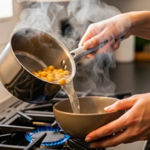 Hands pouring warmed chickpeas from a saucepan into a ceramic bowl, with steam rising. Title: Warming Chickpeas for Hummus Caption: Equipment 2: Gently warming the chickpeas on the stovetop before blending for easier pureeing. Description: A shot of chickpeas being transferred from a warm saucepan, highlighting the important step of heating them first.