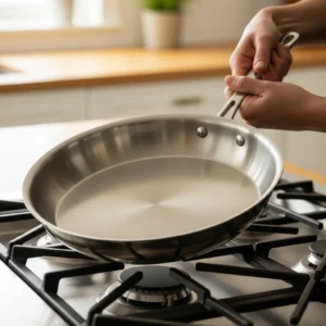 A person's hands holding a large empty stainless steel skillet on a stovetop.