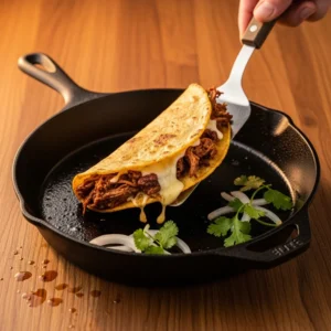 A hand holding a spatula over a cast-iron skillet ready to fry a birria taco.