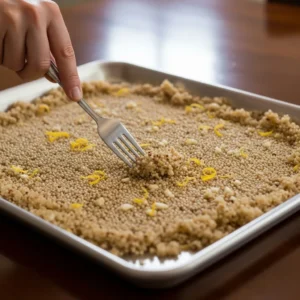 A hand using a fork to fluff cooked quinoa on a baking tray.