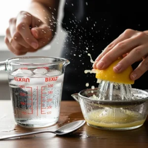 Hands squeezing a fresh lemon for juice next to a measuring cup of ice water for hummus recipe.