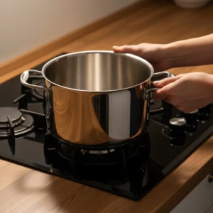 A person's hands holding a large stainless steel pot for boiling spaghetti.