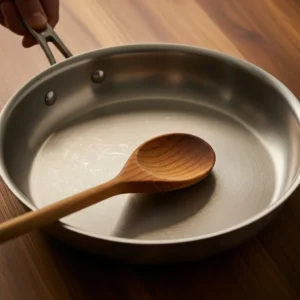 A hand holding a stainless steel skillet with a wooden spoon for cooking Alfredo.