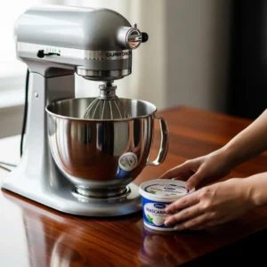 A stand mixer ready for whipping cream for tiramisu.