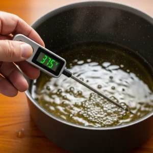 A hand using a digital thermometer to check the temperature of oil for frying churros.