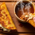 5 Secrets to Perfect Birria Tacos: Crispy, Cheesy & Rich Consomé A hand dipping a crispy, cheesy birria taco into a rich consomé, steam rising, showcasing the final perfect result.