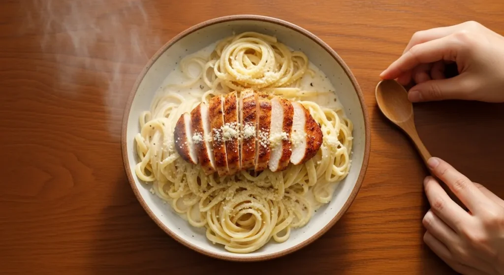 A steamy bowl of creamy Chicken Alfredo pasta with seasoned chicken, perfectly plated on a dark wood table.