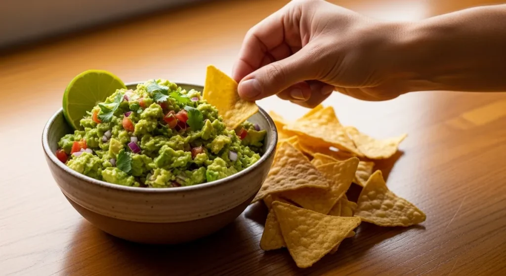A close-up shot of the best homemade guacamole in a ceramic bowl, with a hand reaching for a tortilla chip.