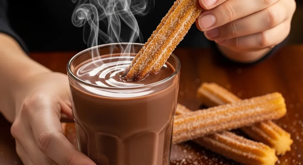 A person's hand dipping a crispy, golden churro into a glass of rich hot chocolate.