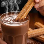 A person's hand dipping a crispy, golden churro into a glass of rich hot chocolate.