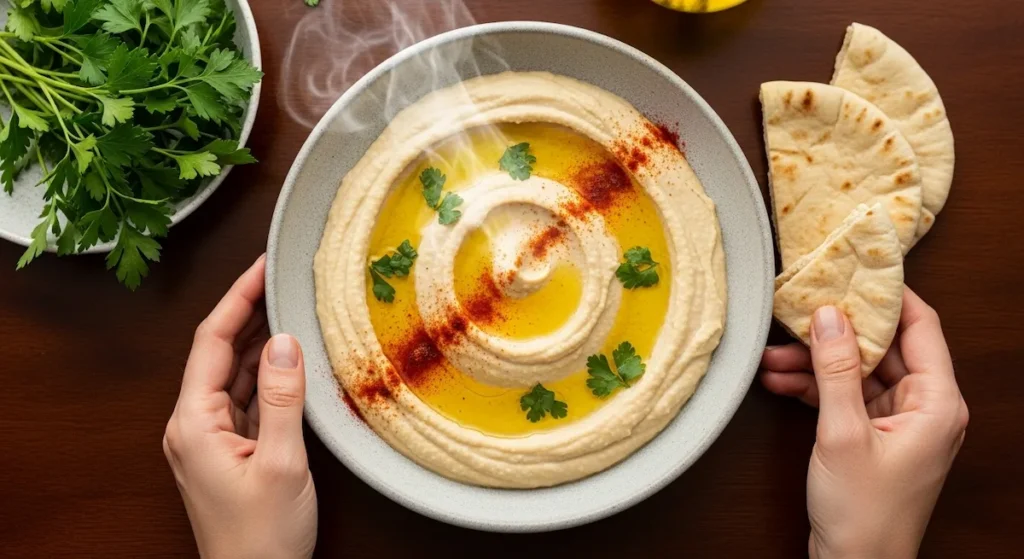 A bowl of perfectly smooth, creamy homemade hummus drizzled with olive oil and paprika, with hands placing pita bread on a dark wood table.