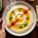 A bowl of perfectly smooth, creamy homemade hummus drizzled with olive oil and paprika, with hands placing pita bread on a dark wood table.